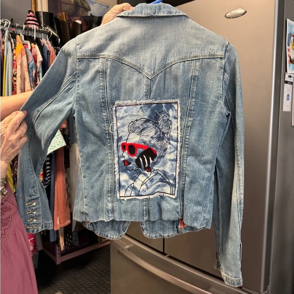 Miss Me Blue Denim Jacket with Artistic Face Patch - Picture 2 of 5